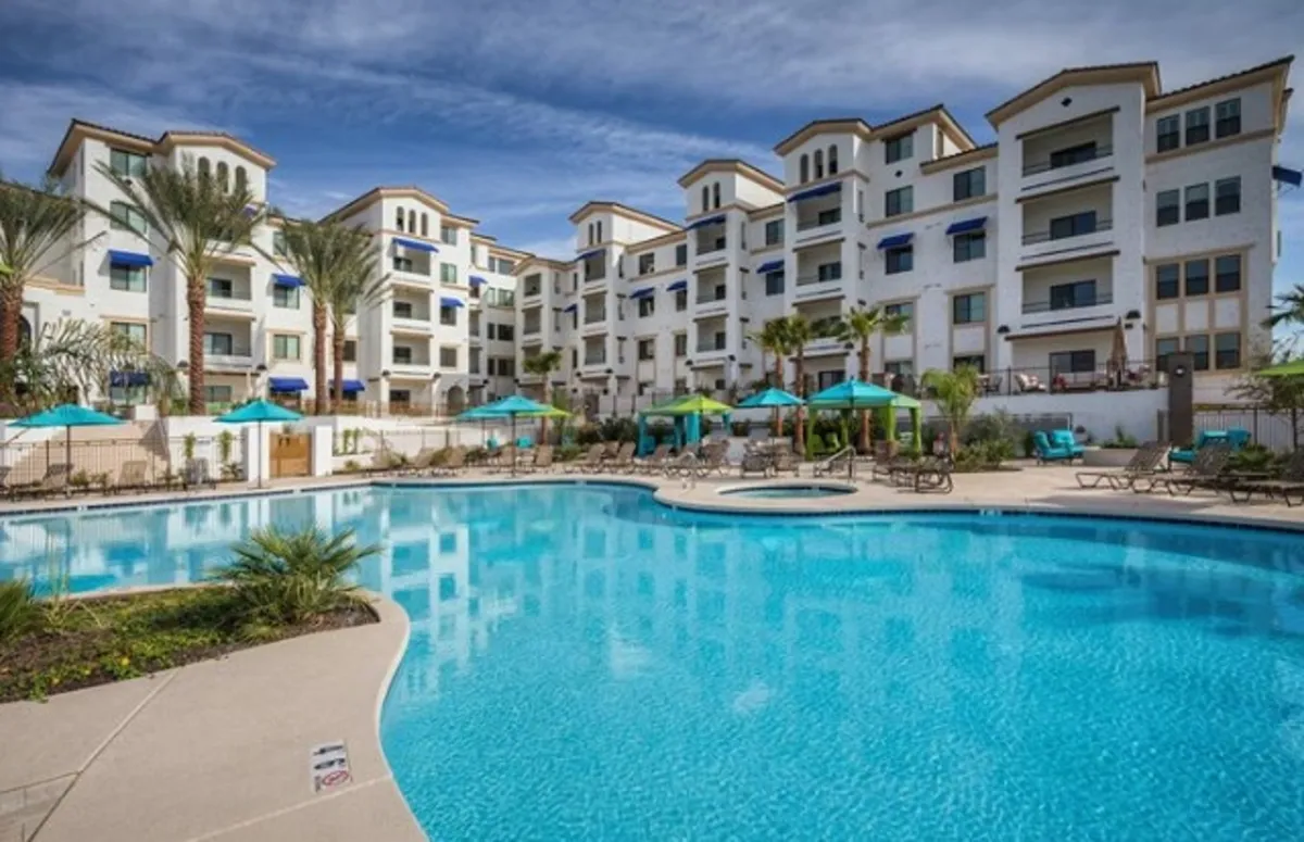 A vibrant pool area flanked by palm trees, with several loungers scattered around the poolside. The building's modern facade creates a backdrop for the scene, and the overall setting hints at a lively yet relaxing atmosphere perfect for both day and evening gatherings.