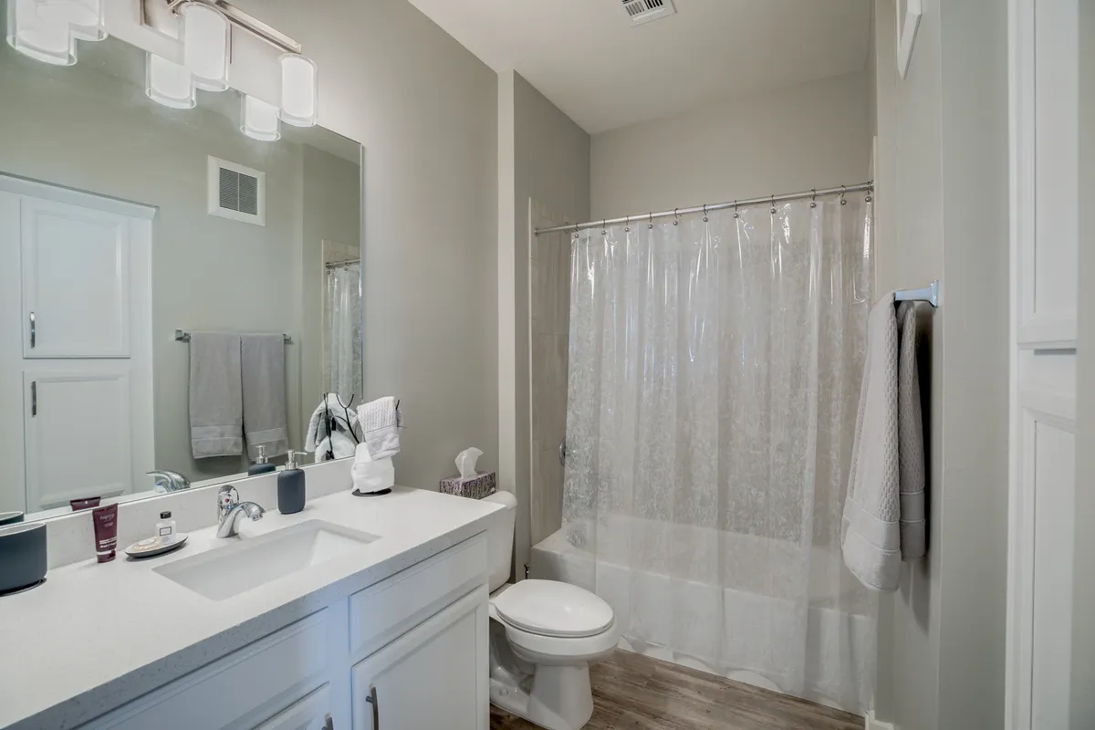 A bright hall bathroom with a large vanity, expansive mirror, and a bathtub with a shower curtain, designed for convenience and comfort for guests.
